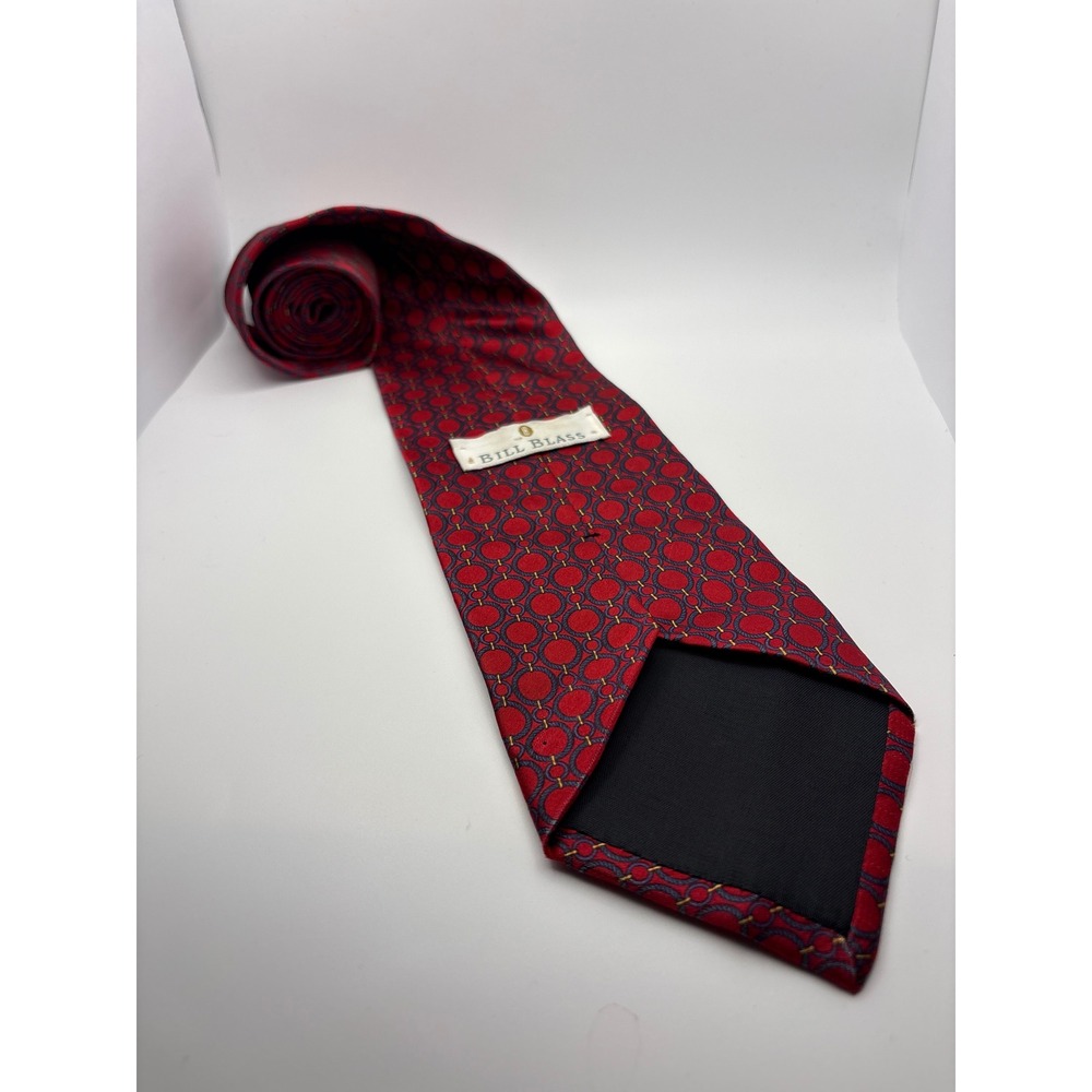 Bill Blass Mens Silk Necktie Red Navy Blue Gold Geometric Chain Link Pattern - Picture 4 of 5